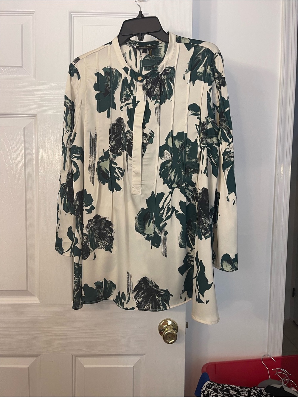 Donna Karan Cream Blouse with Dark Green Floral Print